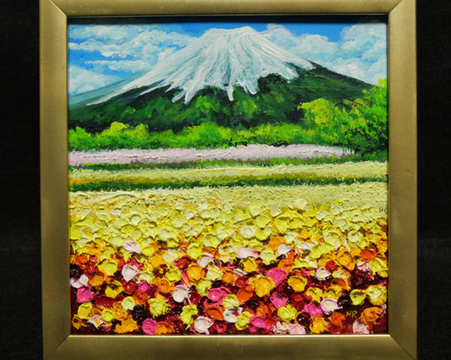 油絵 油彩 油彩画 絵 絵画【富士山とネモフィラの美しき湖の鏡