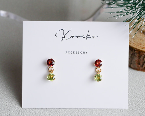 天然石クリスマスカラー ガーネット/ペリドット ピアス サージカル