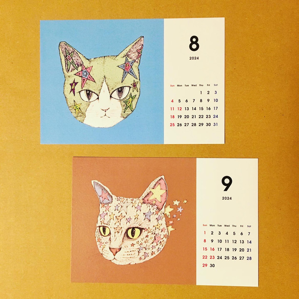 （送料無料）2024年　彩り12色　猫/卓上カレンダー　木製スタンド付き 7枚目の画像