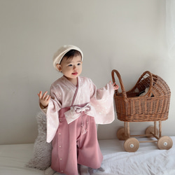 hakama romper 　｜ポピー×ピンク|袴ロンパース 1枚目の画像