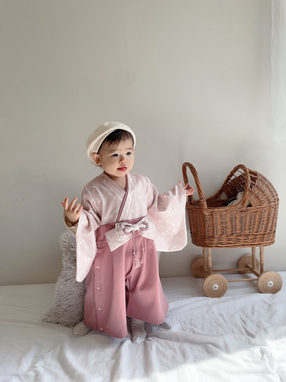 hakama romper 　｜ポピー×ピンク|袴ロンパース 1枚目の画像