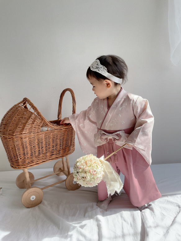 hakama romper 　｜ポピー×ピンク|袴ロンパース 2枚目の画像