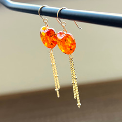 天然石ピアス　ハート　天然琥珀　14kgf　pierced earrings　ロングアンバーピアス 4枚目の画像