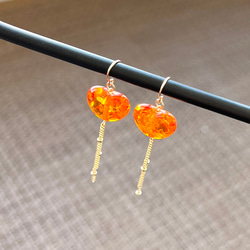 天然石ピアス　ハート　天然琥珀　14kgf　pierced earrings　ロングアンバーピアス 5枚目の画像