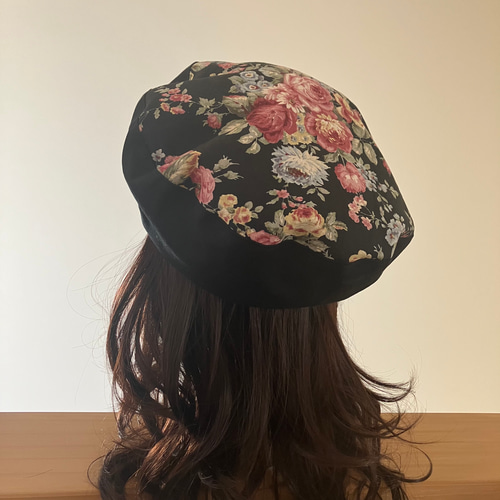 レディース帽子 アンティークなバラ柄ベレー帽 春夏コットンor