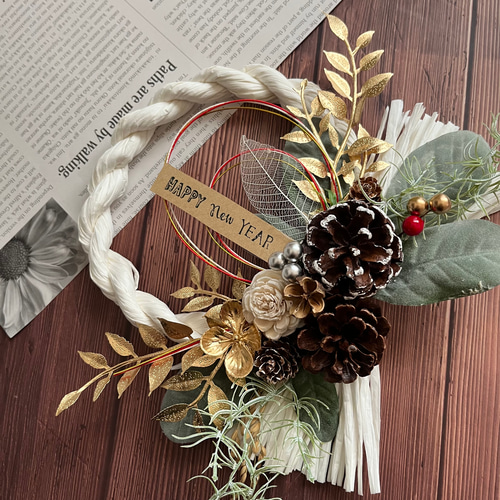 No.217 木の実のナチュラルしめ縄リース2024 ハンドメイドお正月