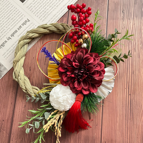 お正月しめ縄 しめ飾り＊ハンドメイド No.218 わら赤い実いっぱいしめ縄リース2024 ハンドメイドお正月飾り