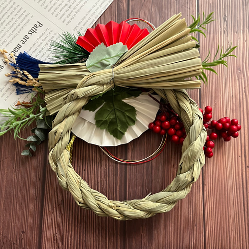 No.219 わら赤い実いっぱいしめ縄リース2024 ハンドメイドお正月