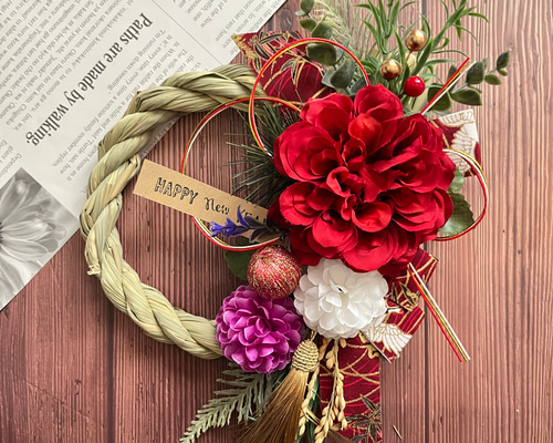 ROSEさま専用オーダーページ　椿の和風リース　カラーのしめ縄リースハンドメイド ROSEさま専用オーダーページ 椿の和風リース カラーのしめ縄