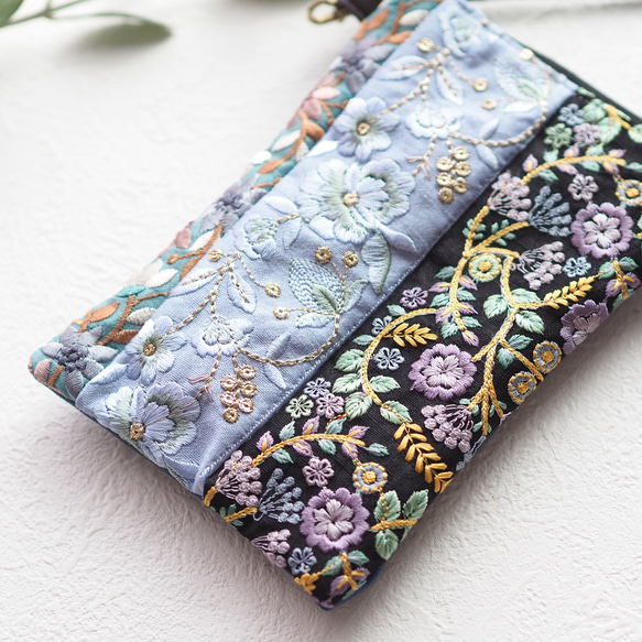 【限定１点】インド刺繍リボンのミニバッグ（カンタキルト/インド刺繍/スマホショルダー） 3枚目の画像