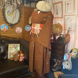 着物 洗える 化繊 ワンピース ドレス ハンドメイド リメイク 帯サッシュベルト 和洋折衷 4枚目の画像