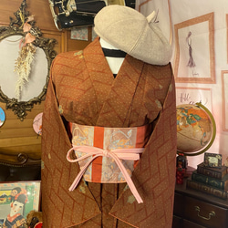 着物 洗える 化繊 ワンピース ドレス ハンドメイド リメイク 帯サッシュベルト 和洋折衷 2枚目の画像
