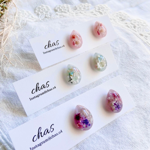 しずくパープル ドライフラワーレジンピアス イヤリング ピアス