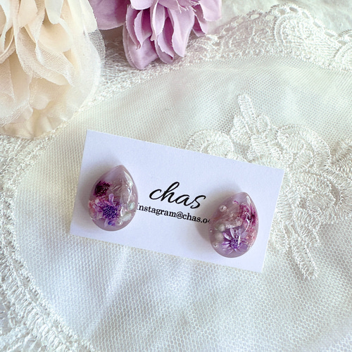 ピンクフラワーレジン×スパンコール♡花びら ピアス イヤリング しずくピンク ドライフラワーレジンピアス イヤリング ピアス