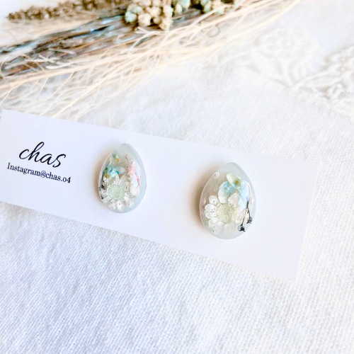 レジン ピアス アイスブルー シルバー ドライフラワー 1粒タイプ 不