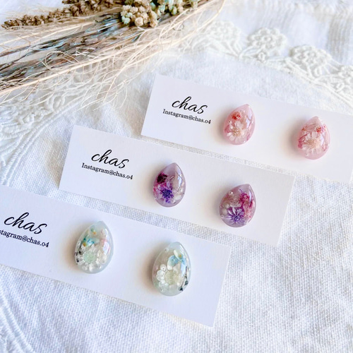 レジン ピアス アイスブルー シルバー ドライフラワー 1粒タイプ 不規則 しずくブルー ドライフラワーレジンピアス イヤリング ピアス