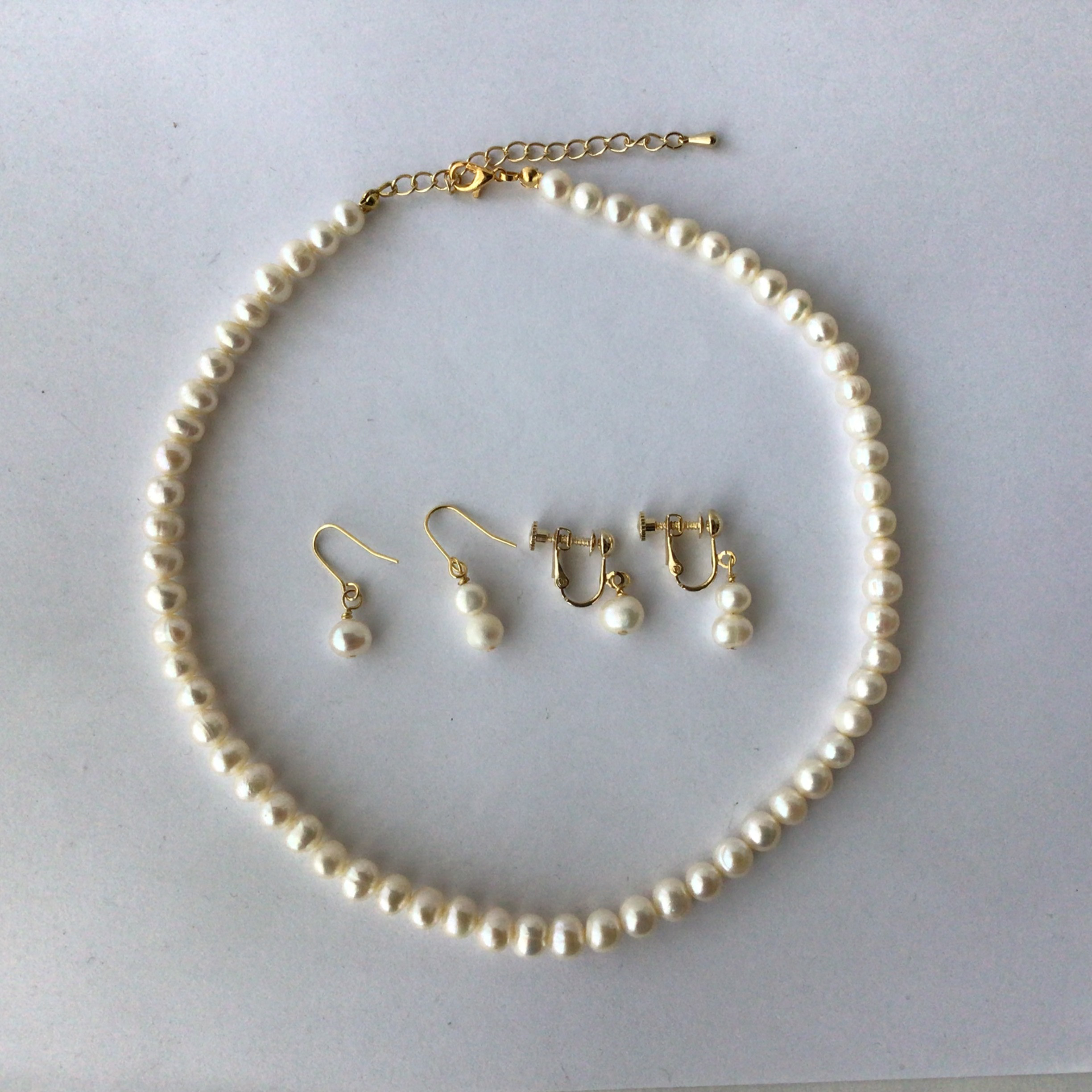 淡水パールプリンセスラインネックレスとピアス又はイヤリングセット