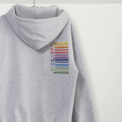 刺繍☆パーカー【ジップアップ】／アッシュグレーの虹色バーコード 12oz 3枚目の画像