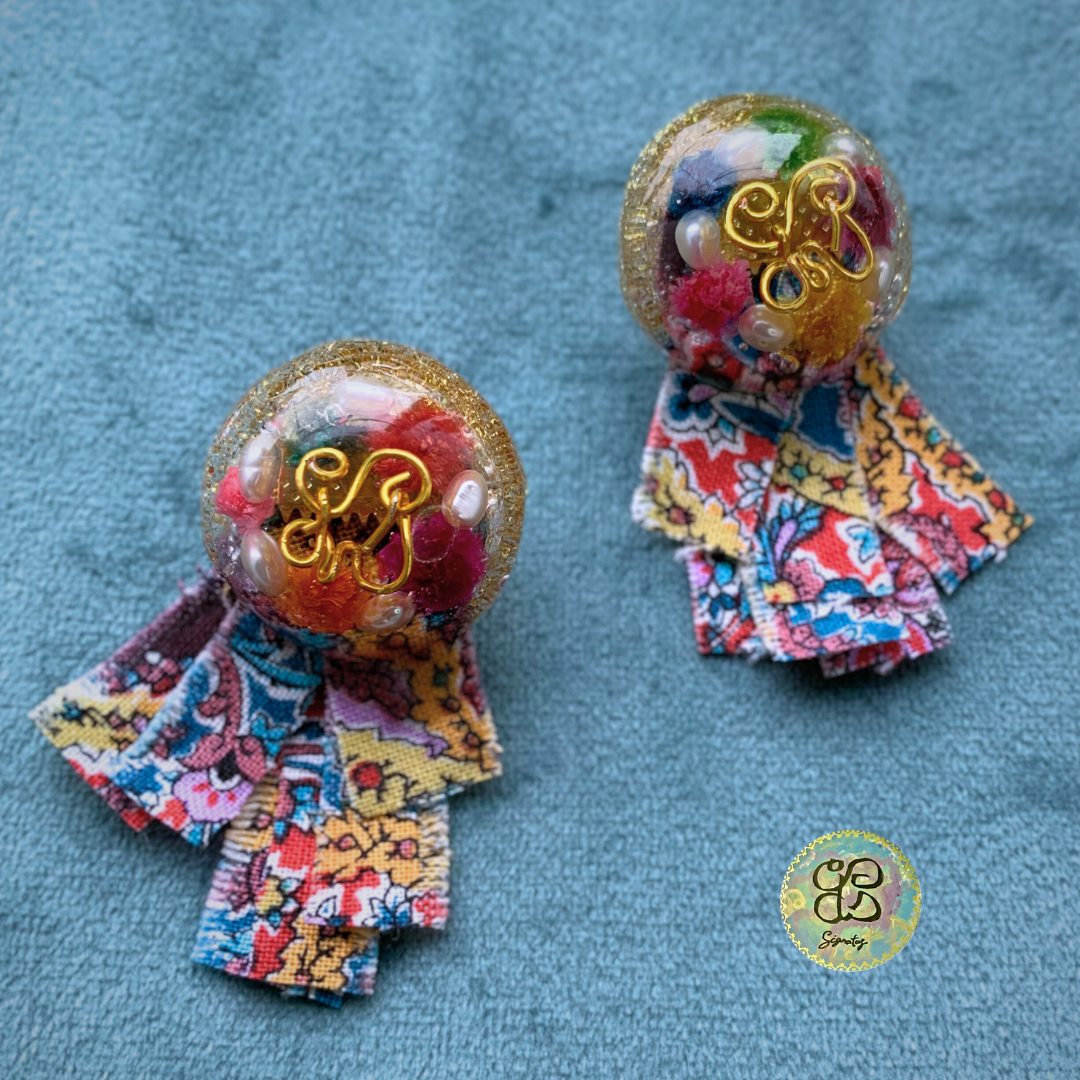 レジンキャンディとビンテージクロスのフェスティバルイヤリング【Festival fab】