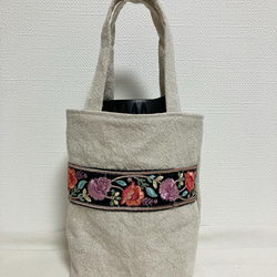 華やかなインド刺繍リボンのオシャレなドリンクホルダー❤️ナチュラルボトルバッグ❤️プレゼント　ギフト 2枚目の画像