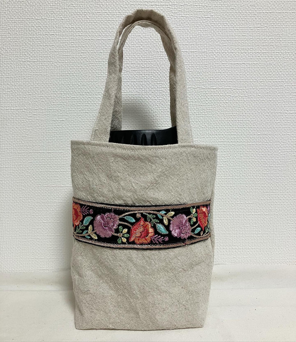 華やかなインド刺繍リボンのオシャレなドリンクホルダー❤️ナチュラルボトルバッグ❤️プレゼント　ギフト 2枚目の画像