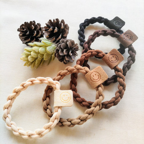 ヘアゴム スマイルタグ付き 鎖編み ベーシックカラー5色×2 10個