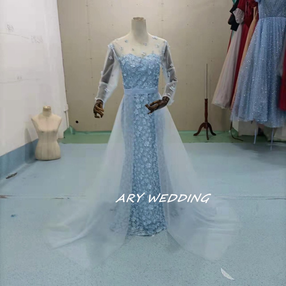 高品質！イブニングドレス 水色 マーメイドライン ミニトレーン 取り外し可能 優雅なシルエット 花嫁