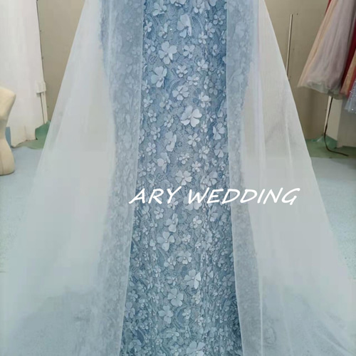 高品質！イブニングドレス 水色 マーメイドライン ミニトレーン  