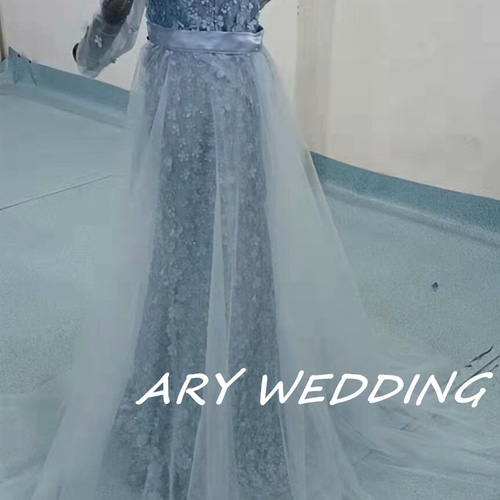 高品質！イブニングドレス 水色 マーメイドライン ミニトレーン  