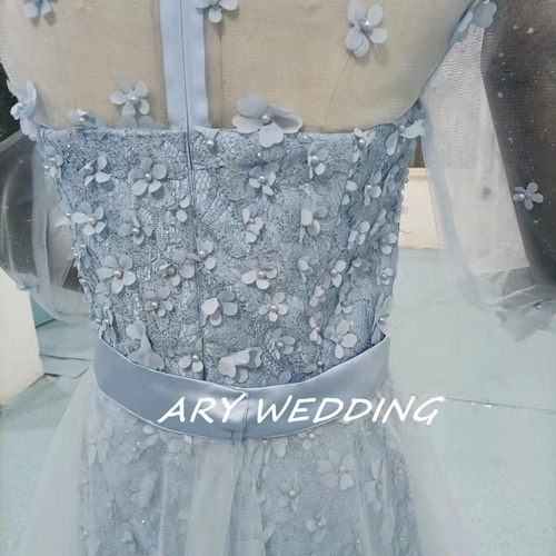 高品質！イブニングドレス 水色 マーメイドライン ミニトレーン  