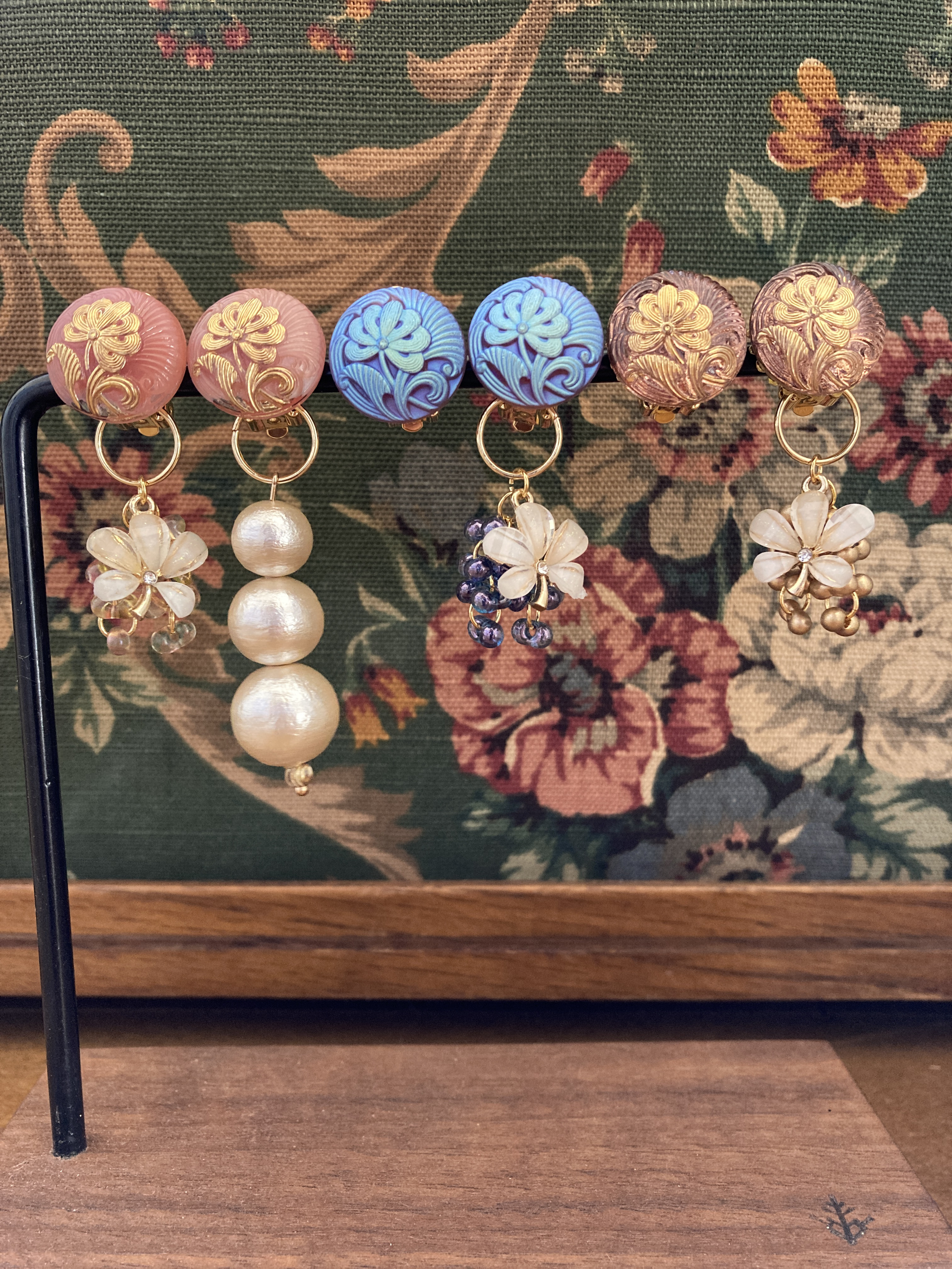 【3wayイヤリング】パール　お花　成人式　和装　ピンク　ゴールド　　青　ウエディング　ブライダル　結婚式517