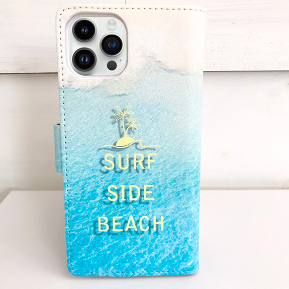 ハワイアン手帳型iphoneケース ブックタイプケース サーフィンの写真 波待ち サーファー 交通系カード入れ 2枚目の画像
