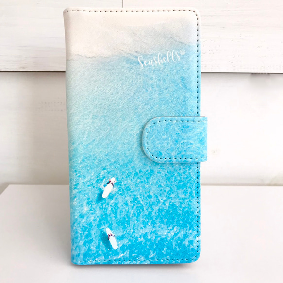 ハワイアン手帳型iphoneケース ブックタイプケース サーフィンの写真 波待ち サーファー 交通系カード入れ 1枚目の画像