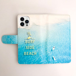 ハワイアン手帳型iphoneケース ブックタイプケース サーフィンの写真 波待ち サーファー 交通系カード入れ 3枚目の画像
