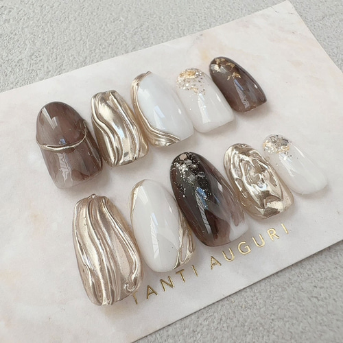 ニュアンス ブラウン ネイルチップ 茶色系 乳白色 金 ゴールド 付け爪