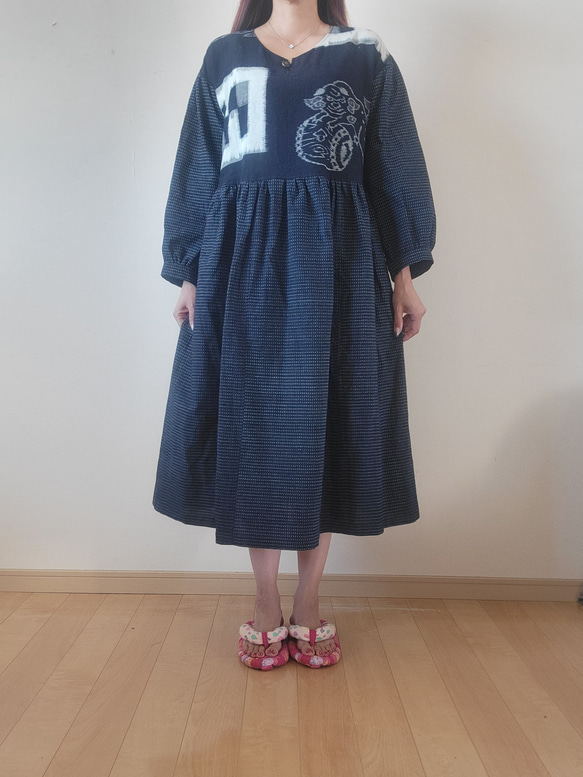 着物リメイク 手作り 絵絣 書生絣 ワンピース ワンピース hanahukujun  