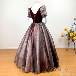 カラードレス 7号9号11号13号(ワインレッド×ピンク) ベロアの胸元 パフスリーブの袖付き 姫ドレス23585 8枚目の画像