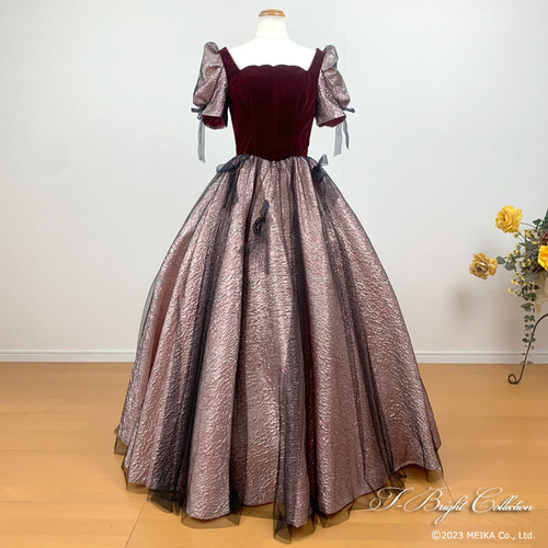 カラードレス パフスリーブ 袖あり ワインレッド×ピンク ベロア 結婚式