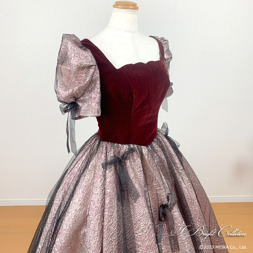 カラードレス パフスリーブ 袖あり ワインレッド×ピンク ベロア 結婚式
