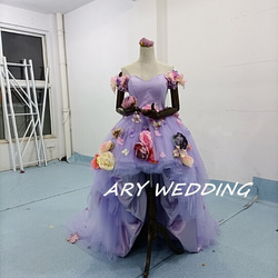 高品質！カラードレス 薄紫 フィッシュテール 花モチーフ 可愛い  プリンセスライン  花嫁 1枚目の画像
