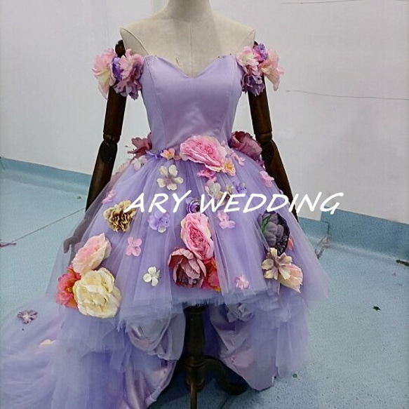 高品質！カラードレス 薄紫 フィッシュテール 花モチーフ 可愛い  プリンセスライン  花嫁 2枚目の画像