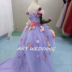 高品質！カラードレス 薄紫 フィッシュテール 花モチーフ 可愛い  プリンセスライン  花嫁 9枚目の画像