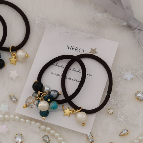 じゃらじゃら ヘアゴム ドットプレートとくすみブルー♡