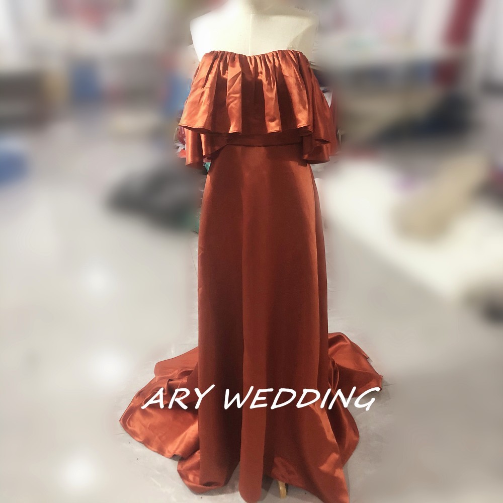 高品質！ひらひらオフショル パーティードレス テラコッタ色 高級イタリアサテン 二次会/挙式 前撮り 憧れのドレス 18,446円