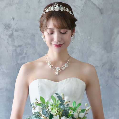 販売終了】フローラルブーケ淡水パールネックレス&ピアスset・ゴールド