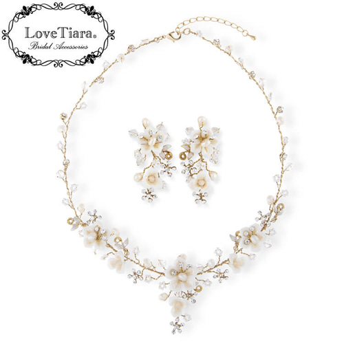 販売終了】フローラルブーケ淡水パールネックレス&ピアスset・ゴールド