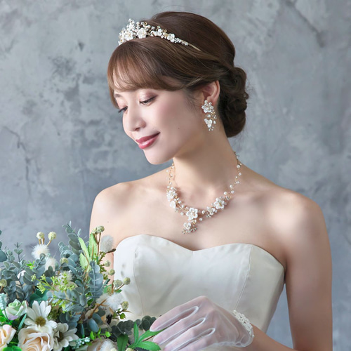 販売終了】フローラルブーケ淡水パールネックレス&ピアスset・ゴールド