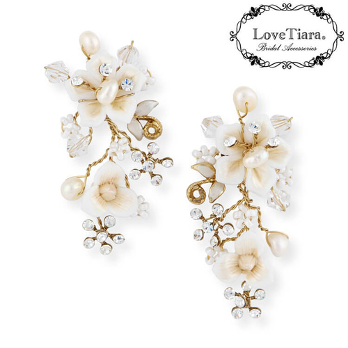 販売終了】フローラルブーケ淡水パールネックレス&ピアスset・ゴールド