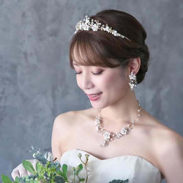 フローラルブーケ淡水パールネックレスセット･ゴールド(FPN-20g)|花嫁 ウエディング 結婚式 花 小枝 ナチュラル 7枚目の画像