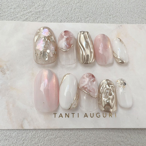 ニュアンスネイル 桃 マーブル ぷっくり 春 ネイルチップ ハンドメイド